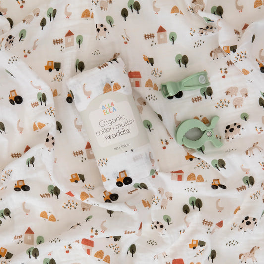 Organic muslin swaddle & 2 pram peg gift set - Country Farm